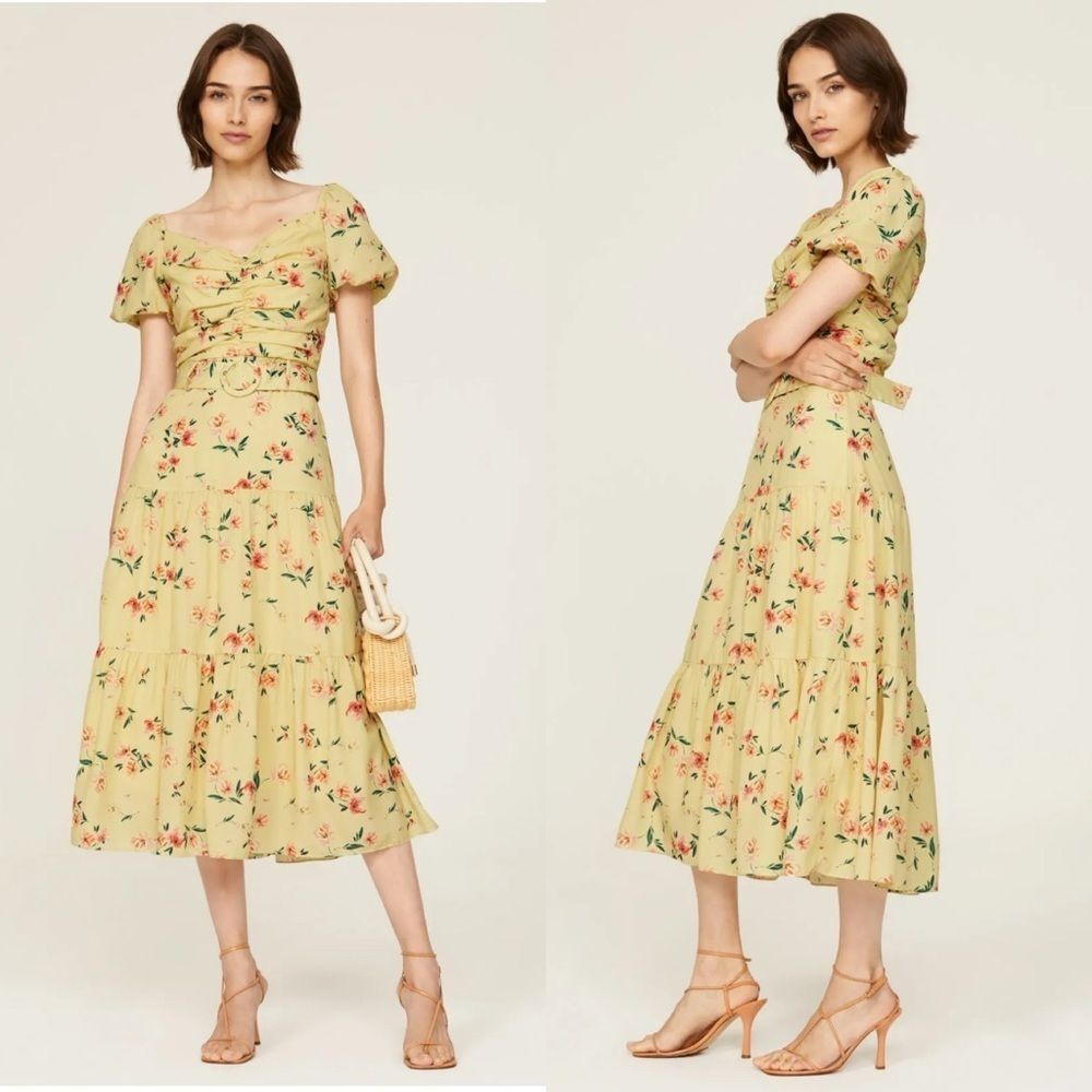 Paloma Blue Evie Butter Yellow Floral Midi Dress Sweetheart Neckline Medium